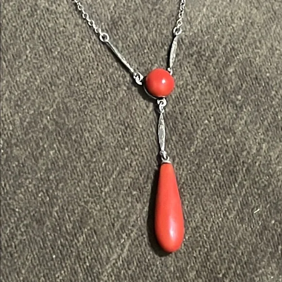 Sterling Vtg real solid Silver Red Carnelian Lavalier Necklace 16” Fine Jewelry